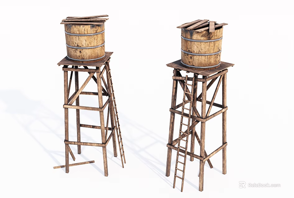 Industrial Wooden Water Towers Featuring Elevated Frame Barrels And Side Ladder 3d model