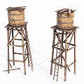 Industrial Wooden Water Towers Featuring Elevated Frame Barrels And Side Ladder 3d model