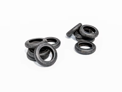 Multiple black tires neatly stacked in piles on white background 3d model