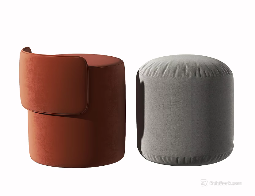 Modern Orange And Gray Sofa Stools With Armrest And Stitched Padded Design 3d model 