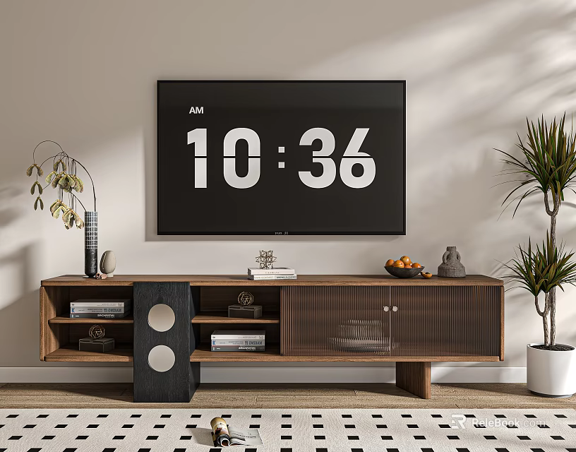 Modern Walnut Wood TV Stand With Storage Shelves Decorative Items And Potted Plant 3d model 