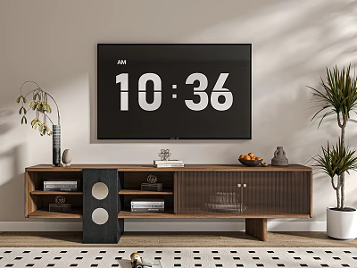 Modern Walnut Wood TV Stand With Storage Shelves Decorative Items And Potted Plant 3d model
