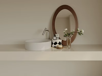 Modern Bathroom Set Featuring White Round Basin Oval Brown Mirror White Countertop And White Flowers 3d model