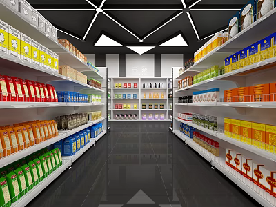 Modern Supermarket Interior With Well Organized Shelves And Colorful Grocery Products 3d model