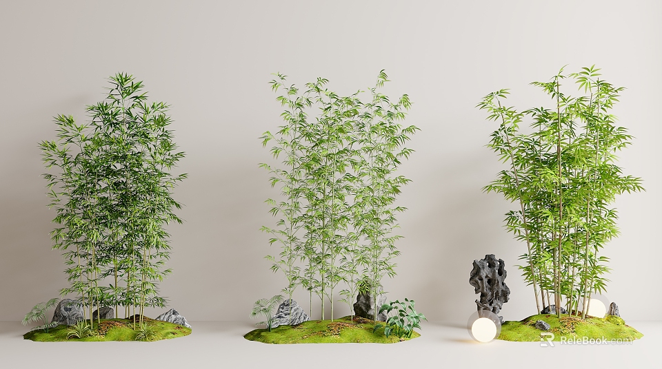 Bamboo Landscape With Moss Rocks And Decorations 3d model 
