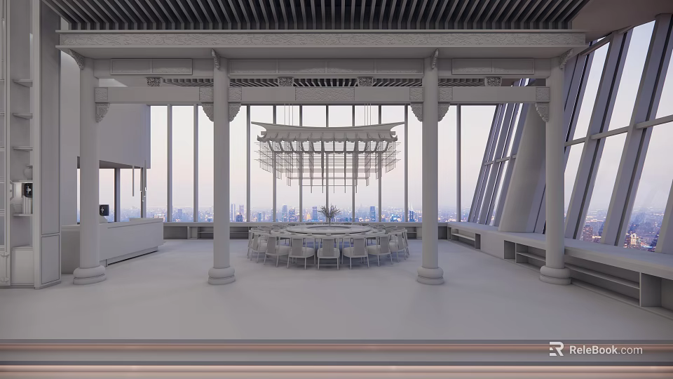Modern Restaurant Interior With Large Windows Chandelier Columns And City View Dining Table 3d model 