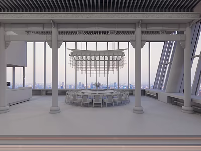 Modern Restaurant Interior With Large Windows Chandelier Columns And City View Dining Table 3d model