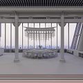 Modern Restaurant Interior With Large Windows Chandelier Columns And City View Dining Table