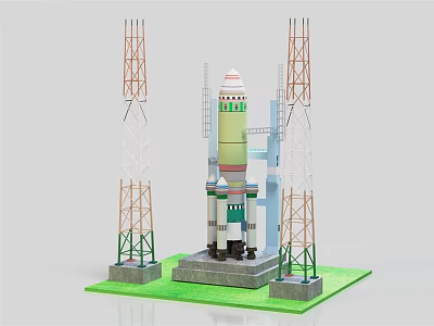 Detailed Rocket Launch Model With Tall Launch Towers And Green Platform Base 3d model
