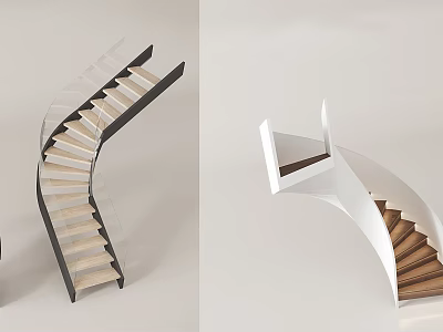 Modern Spiral Staircase With Glass Handrail Wooden Steps And Black White Frame 3d model