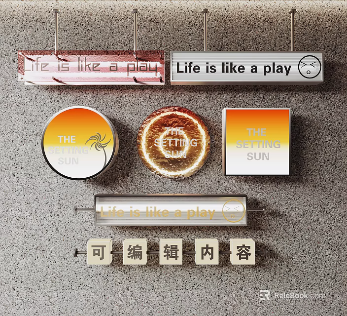 Decorative Text Signs With Life Is Like A Play The Setting Sun And Editable Content 3d model 