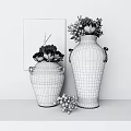 Blue Ceramic Vases With White Blue Flowers And Vintage Clock Wall Art On Dark Background