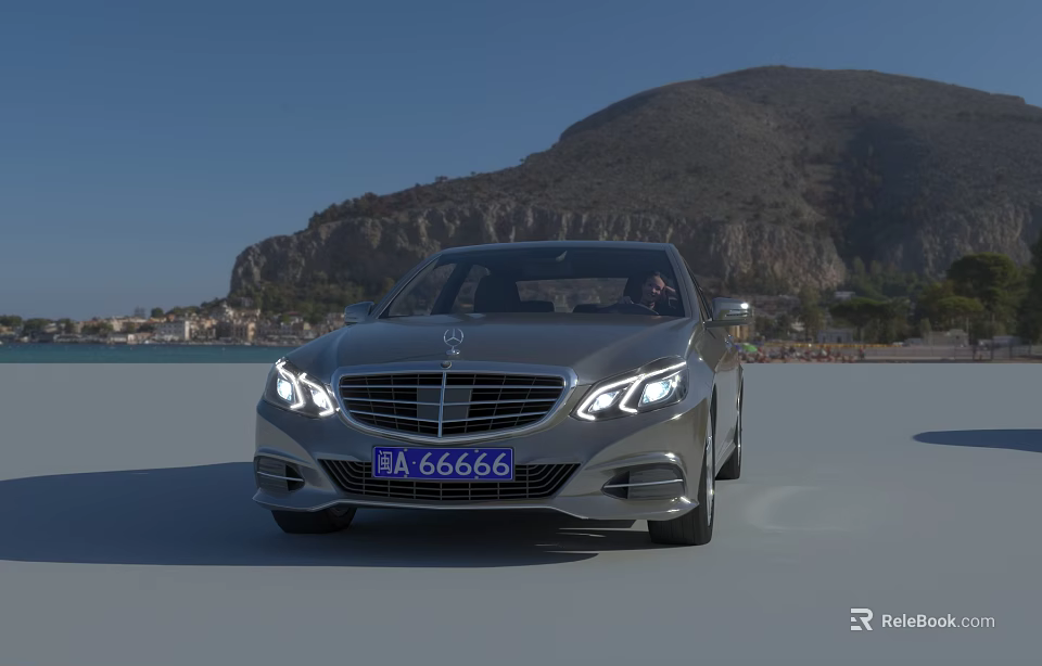 Silver Mercedes Luxury Sedan Driving By Seaside With Mountain View And Clear Sky 3d model 
