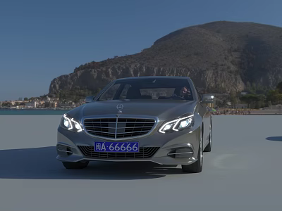 Silver Mercedes Luxury Sedan Driving By Seaside With Mountain View And Clear Sky 3d model