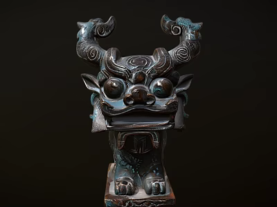 Traditional Mythical Beast Head Sculpture With Bronze Material And Intricate Curled Horn Carvings 3d model