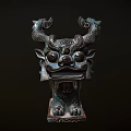 Traditional Mythical Beast Head Sculpture With Bronze Material And Intricate Curled Horn Carvings