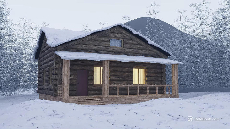 Snowy Mountain Landscape With Log Cabin Snow Covered Roof And Trees 3d model 