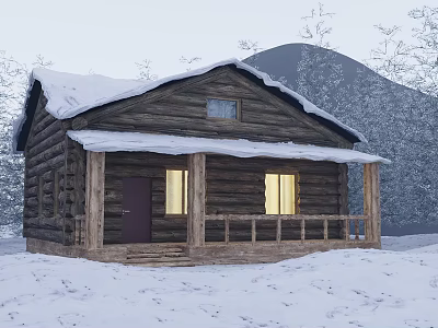 Snowy Mountain Landscape With Log Cabin Snow Covered Roof And Trees 3d model