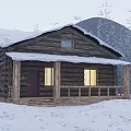 Snowy Mountain Landscape With Log Cabin Snow Covered Roof And Trees