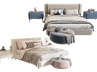 Modern Children's Bed With Upholstered Headboard Gray Pink Blue Bedside Tables And Ottomans 3d model