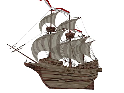 Vintage Wooden Sailing Ship With Multiple Masts White Sails And Red Flags 3d model