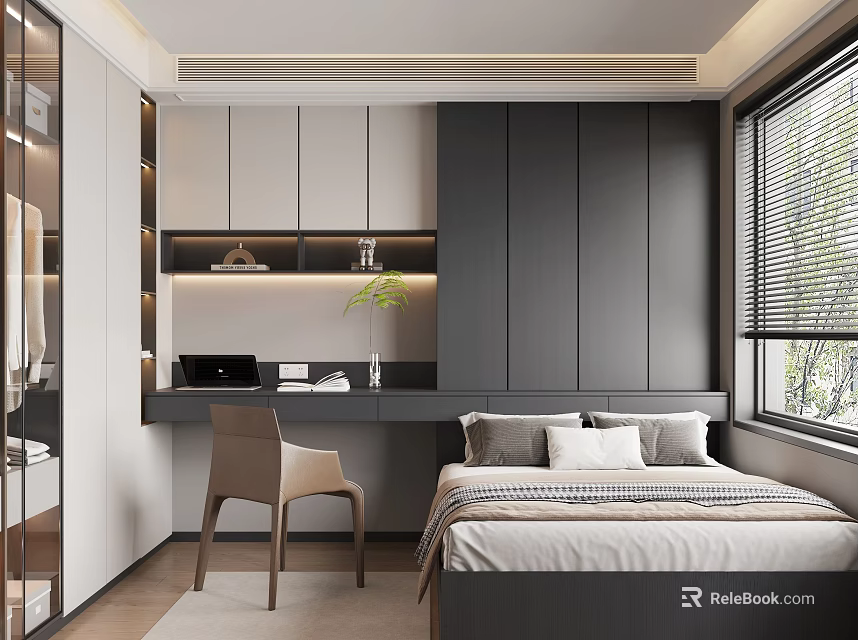 Modern Tatami Bedroom Interior Design With Bed Desk Chair And Window Features 3d model 