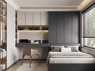Modern Tatami Bedroom Interior Design With Bed Desk Chair And Window Features 3d model