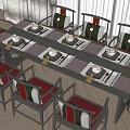 Chinese Style Dining Table Set with Red and Gray Upholstered Chairs and Tableware 3d model