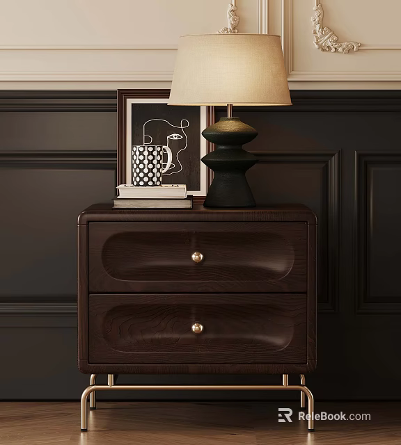Dark Wooden Nightstand In Modern Bedroom With Table Lamp Framed Artwork And Books 3d model 