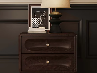 Dark Wooden Nightstand In Modern Bedroom With Table Lamp Framed Artwork And Books 3d model