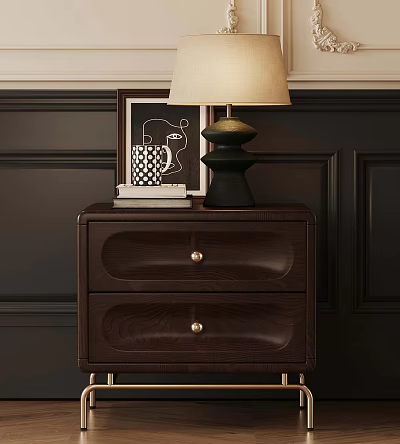 Dark Wooden Nightstand In Modern Bedroom With Table Lamp Framed Artwork And Books 3d model