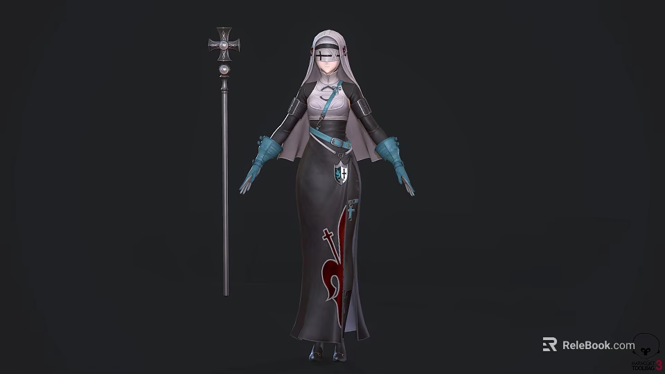 Game Movie Character In Black Robe With Red Ornament And Cross Staff 3d model 
