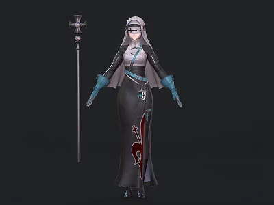 Game Movie Character In Black Robe With Red Ornament And Cross Staff 3d model