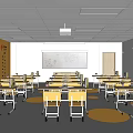 Bright School Classroom Interior With Neatly Arranged Yellow Desks Whiteboard And Yellow Walls