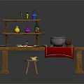 Wooden Work Desk With Three Tiered Shelf Colorful Bottles Scroll Quill Red Cloth And Stool