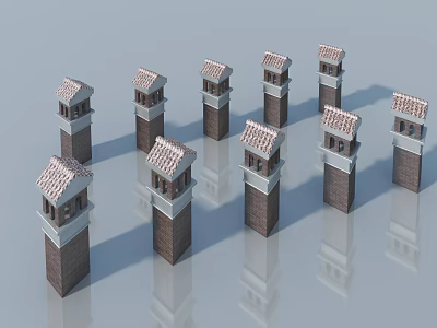 Flat Doors On Tower Structures With Roof Design Gray Background And Reflections 3d model