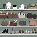 Various Stylish Handbags And Decorative Boxes Display On Shelves With Accessories And Shoes