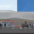 Green Land Modern Commercial Complex With Perforated Roof Glass Curtain Wall Parking Area And Pedestrians