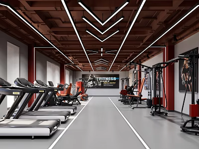 Modern Fitness Gym Interior Featuring Treadmills Workout Equipment Ceiling LED Lights And Fitness Posters 3d model