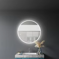 Circular Backlit Mirror On Dark Marble Wall With Bathroom Sink And Dried Plants