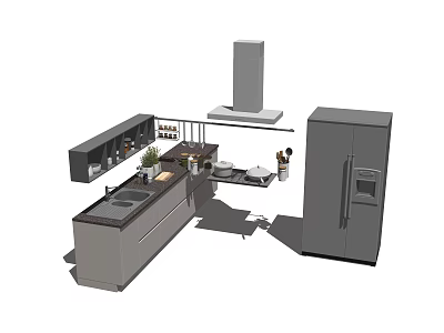 Modern Kitchen Interior With Cabinets Countertop Range Hood Sink And Refrigerator 3d model