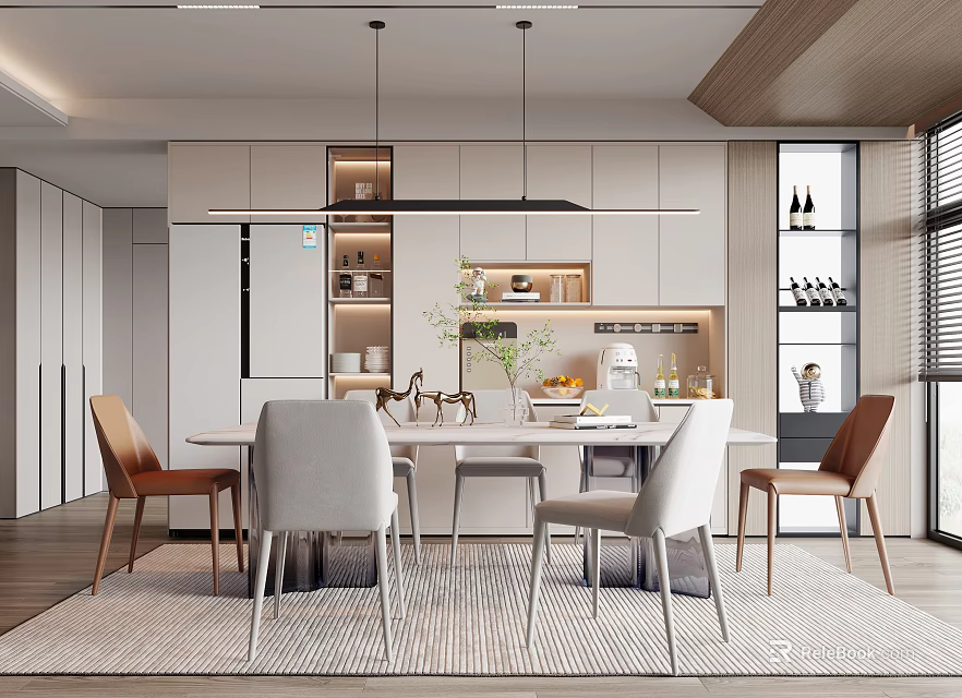 Modern Dining Room With Table Chairs Rug And Cabinets 3d model