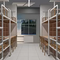 Spacious Dormitory Room With Bunk Beds Study Tables Chairs And Blue Door