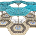 Modern Outdoor Hexagonal Structure With Blue Transparent Roof And Supporting Columns 3d model