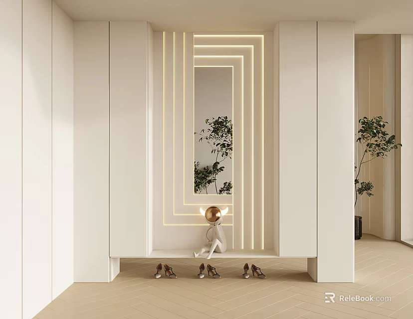 Modern Home Entryway Shoe Cabinet With LED Lighting Mirror Bench And Green Plants 3d model 