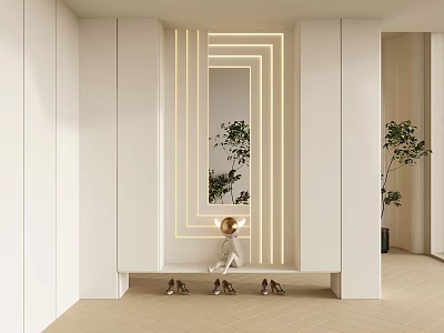 Modern Home Entryway Shoe Cabinet With LED Lighting Mirror Bench And Green Plants 3d model