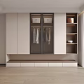 Modern Wardrobe Interior With Glass Doors Hanging Clothes Open Shelves And Bottom Drawers