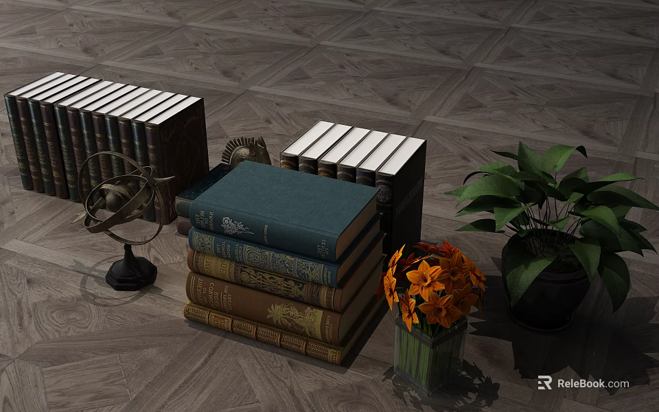 Stacked Vintage Books With Brass Globe Orange Flowers And Green Plant 3d model 