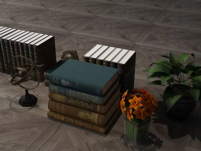 Stacked Vintage Books With Brass Globe Orange Flowers And Green Plant 3d model