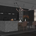 Elegant Modern Restaurant Interior With Dark Cabinets Marble Island Hanging Chandelier And Dining Table Chairs